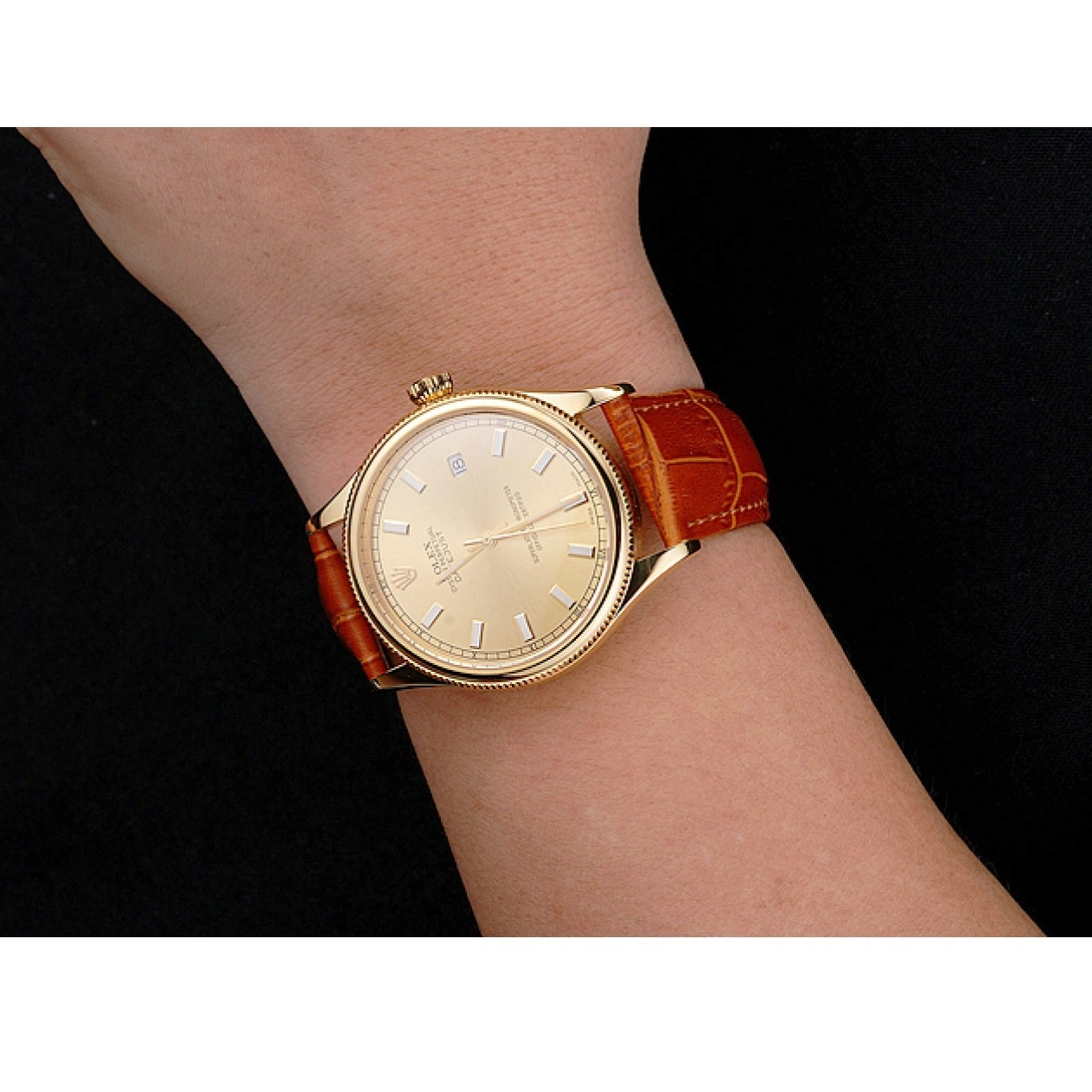 Good Copy Rolex Watches Light Brown Case Leather Dial Swiss Gold Gold Rolex Datejust Strap 0613